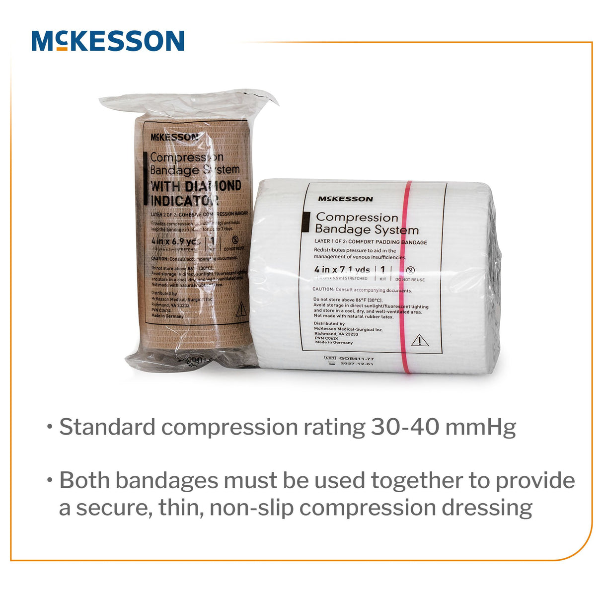 2 Layer Compression Bandage System McKesson 4 Inch X 7-1/10 Yard / 4 Inch X 6-9/10 Yard Self-adherent Closure Tan / White NonSterile 30 to 40 mmHg - BeHope