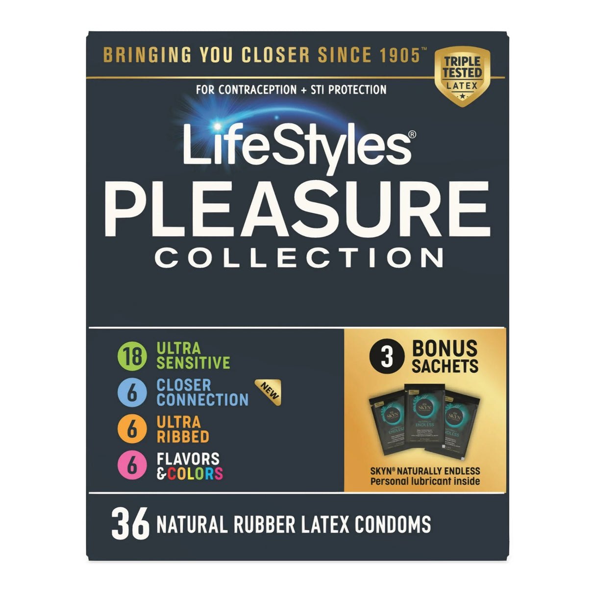 Condom Variety Pack Lifestyles® Pleasure Collection Lubricated One Size Fits Most 36 Per Box - BeHope