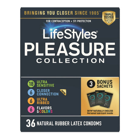 Condom Variety Pack Lifestyles® Pleasure Collection Lubricated One Size Fits Most 36 Per Box - BeHope