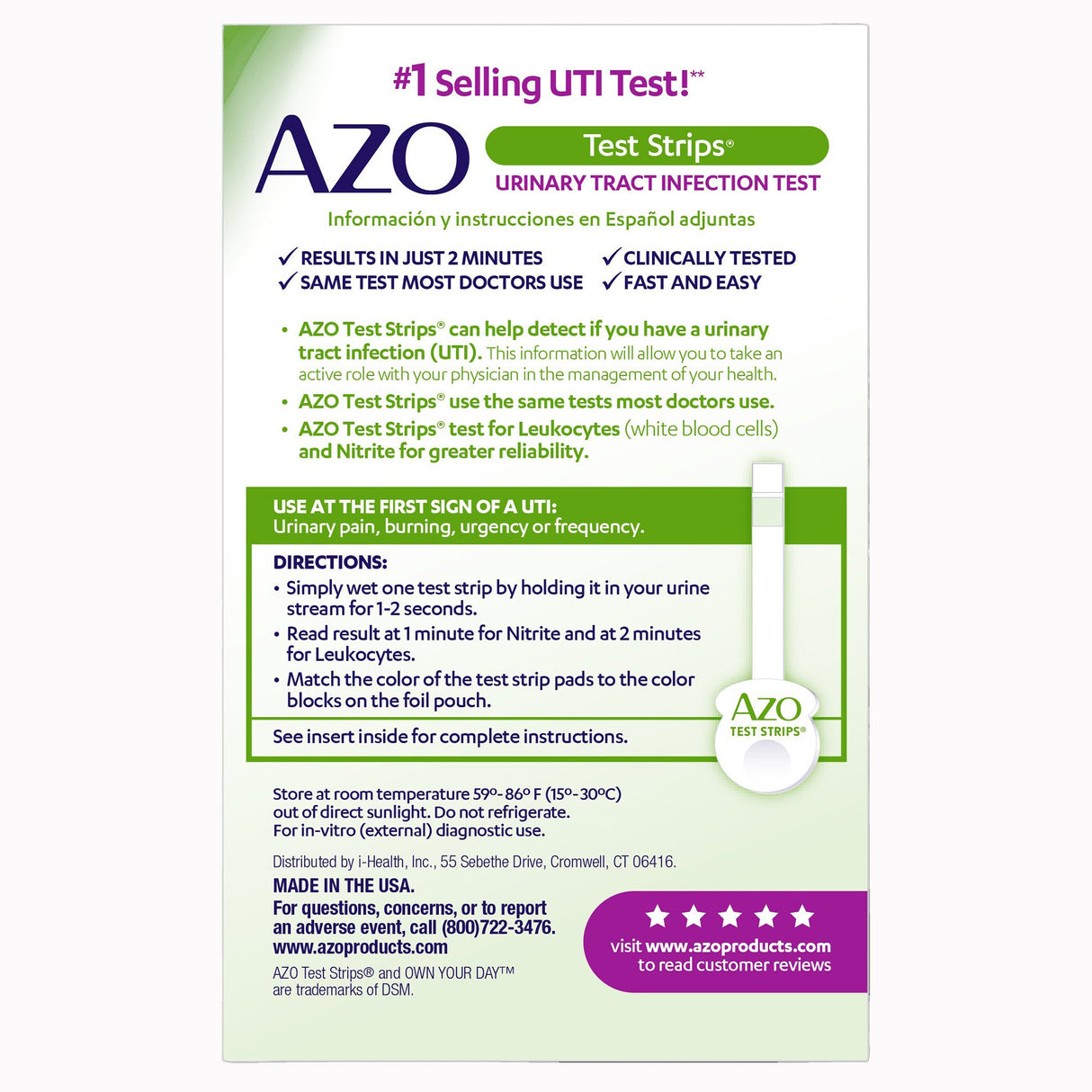 Urinalysis Test Kit AZO Test Strips® Urinary Tract Infection Detection 3 Tests per Kit (24 Kits per Case) - BeHope