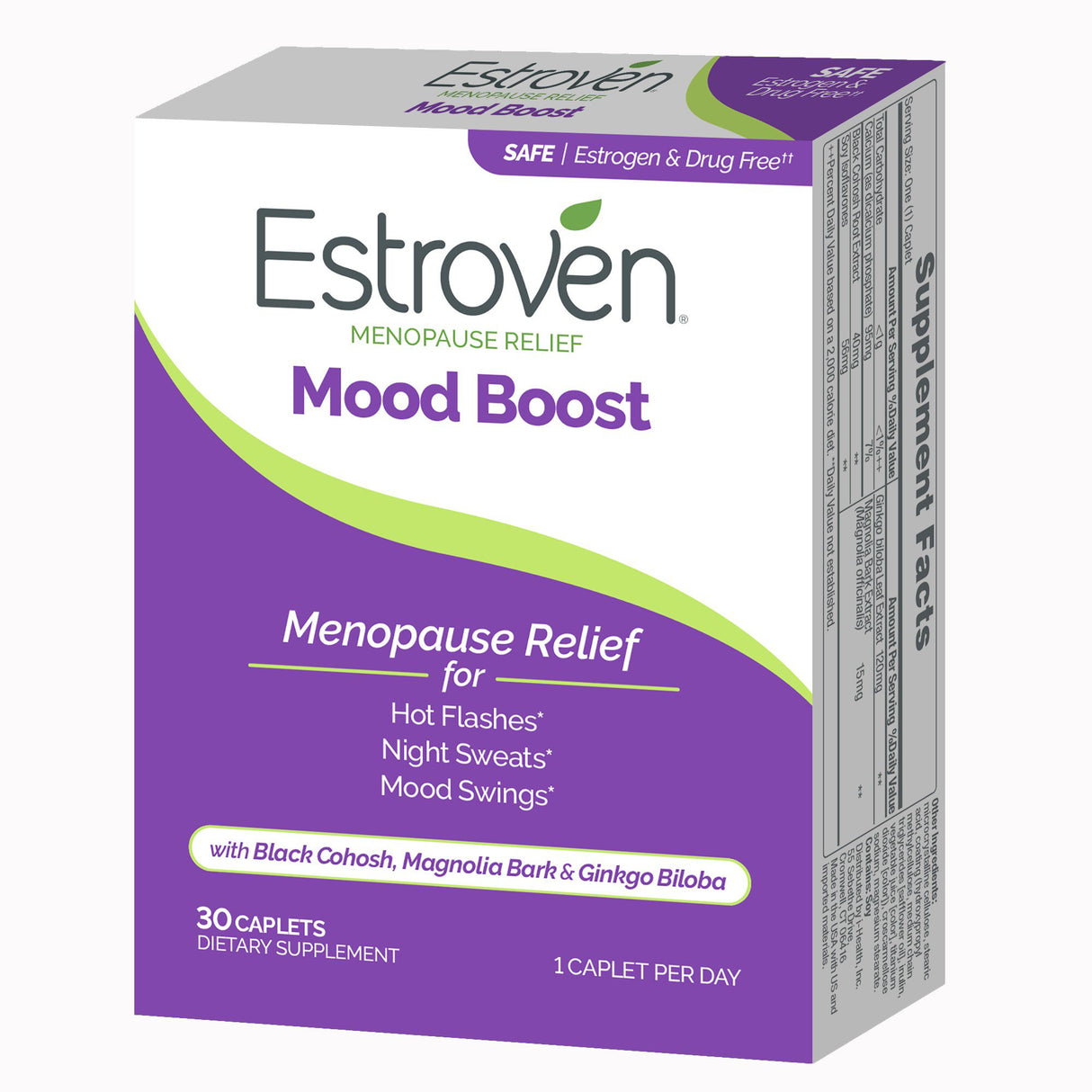 Dietary Supplement Estroven® Mood Boost Black Cohosh / Magnolia Bark / Ginkgo biloba 40 mg - 15 mg - 120 mg Strength Caplet 30 per Box - BeHope