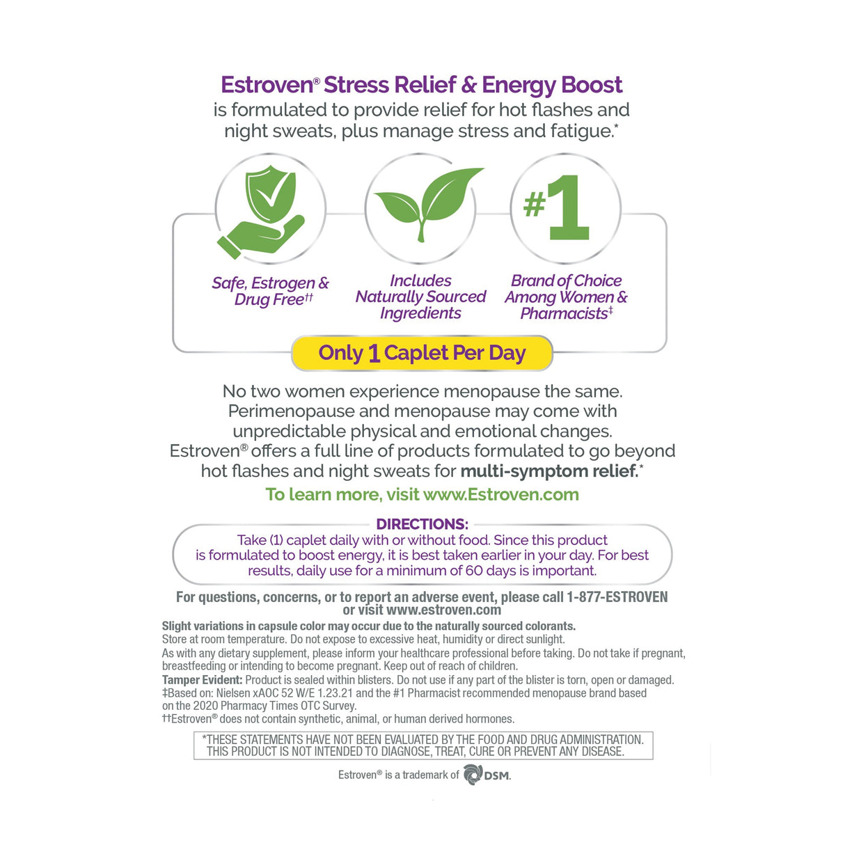 Dietary Supplement Estroven® Stress Relief & Energy Boost Calcium / Black Cohosh Root Extract / Soy Isoflavones 90 mg - 80 mg - 60 mg Strength Caplet 28 per Box - BeHope