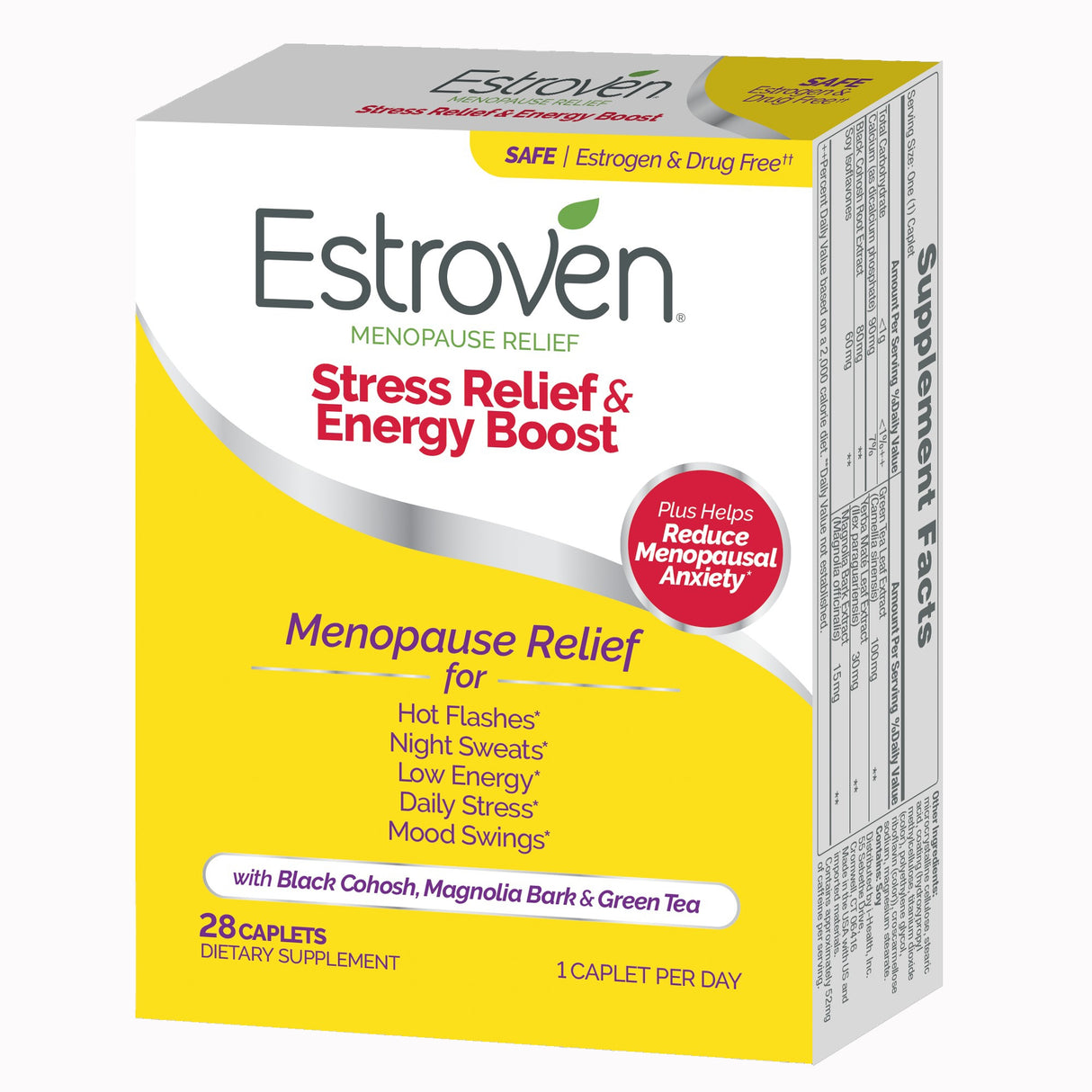 Dietary Supplement Estroven® Stress Relief & Energy Boost Calcium / Black Cohosh Root Extract / Soy Isoflavones 90 mg - 80 mg - 60 mg Strength Caplet 28 per Box - BeHope