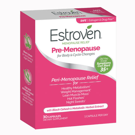 Dietary Supplement Estroven® Pre-Menopause Black Cohosh Root / Soy Isoflavones / Cissus guadrangularis Stem and Leaf Extract 40 mg - 56 mg - 300 mg Strength Caplet 30 per Box - BeHope