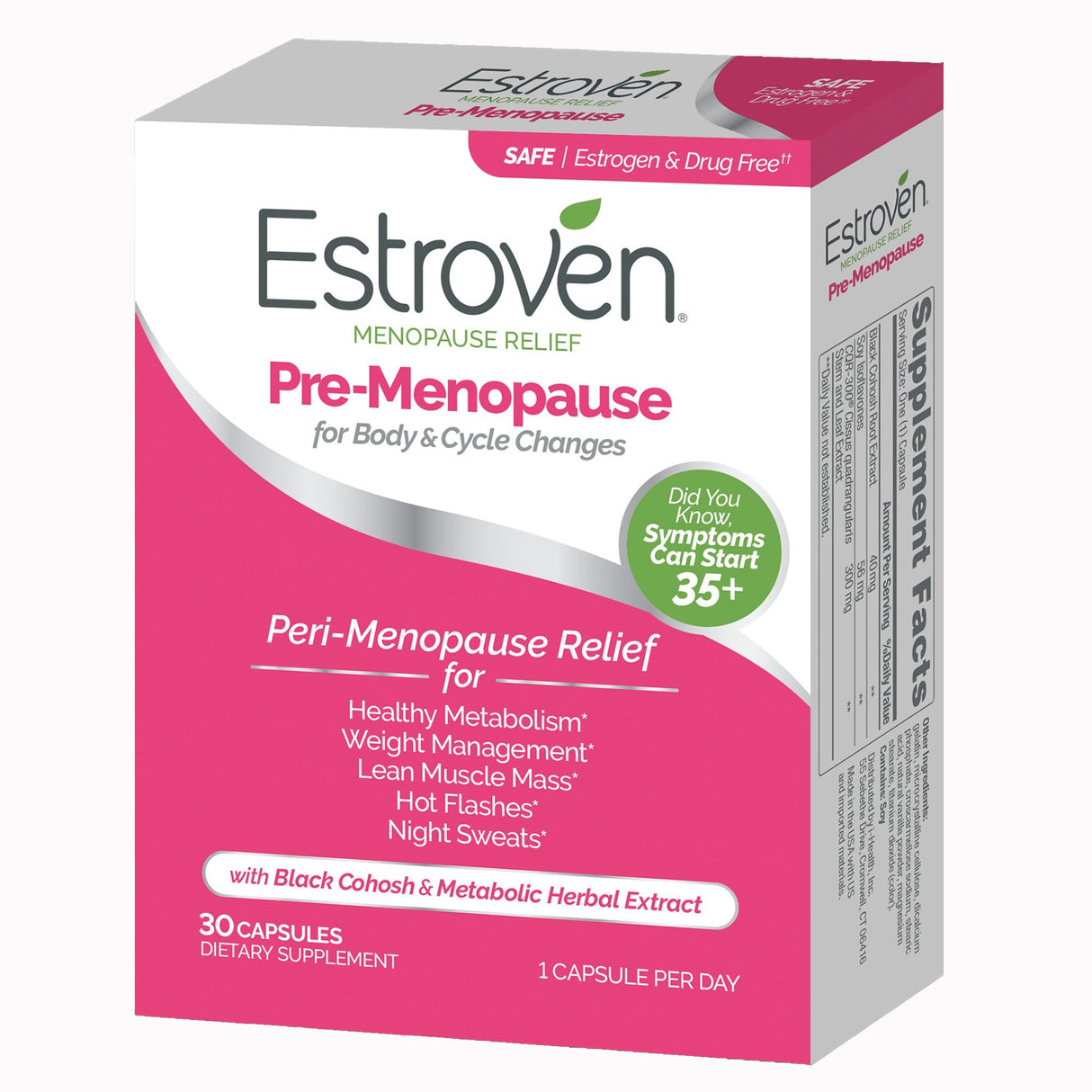 Dietary Supplement Estroven® Pre-Menopause Black Cohosh Root / Soy Isoflavones / Cissus guadrangularis Stem and Leaf Extract 40 mg - 56 mg - 300 mg Strength Caplet 30 per Box - BeHope