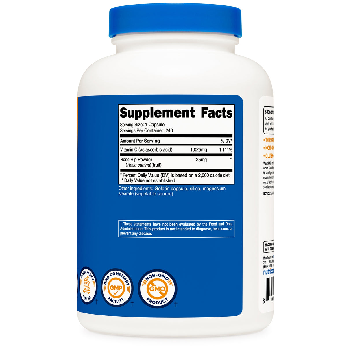 Dietary Supplement nutricost® Vitamin C with Rose Hips Vitamin C / Rose Hips 1,000 mg - 25 mg Strength Capsule 240 Per Bottle - BeHope