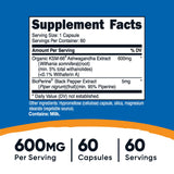 Dietary Supplement nutricost® KSM-66® Ashwagandha Extract / Black Pepper Extract 600 mg - 5 mg Strength Capsule 60 Per Bottle - BeHope