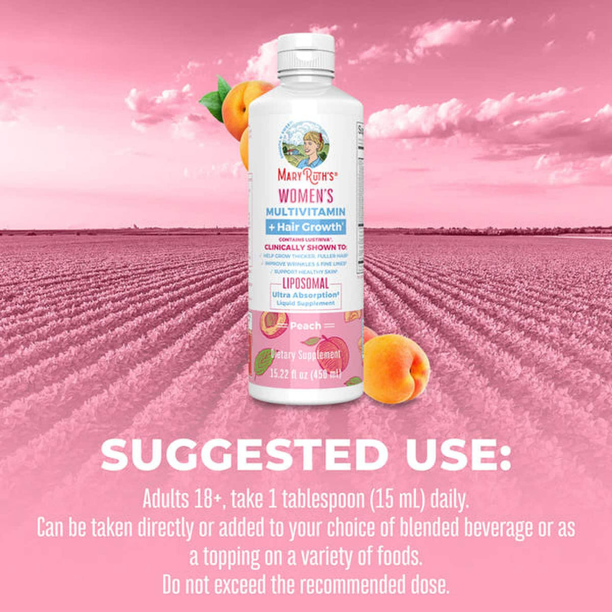 Multivitamin Supplement Mary Ruth's® Women's Multivitamin + Hair Growth Liposomal Vitamin A / D / E / Biotin 500 mcg - 25 mcg - 7 mg - 10,000 mcg Strength Liquid 15.22 oz. Peach Flavor - BeHope