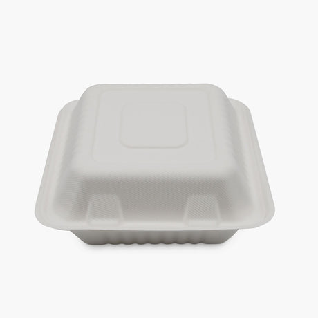 3 Compartment Clamshell Food Container Medd Max LLC 8 X 8 Inch White Compostable Bagasse - BeHope