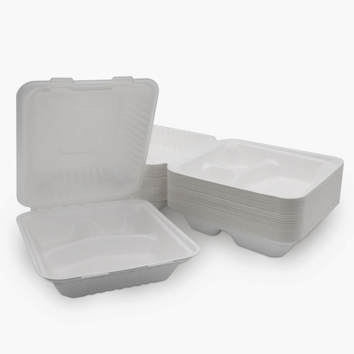 3 Compartment Clamshell Food Container Medd Max LLC 8 X 8 Inch White Compostable Bagasse - BeHope