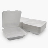 3 Compartment Clamshell Food Container Medd Max LLC 8 X 8 Inch White Compostable Bagasse - BeHope