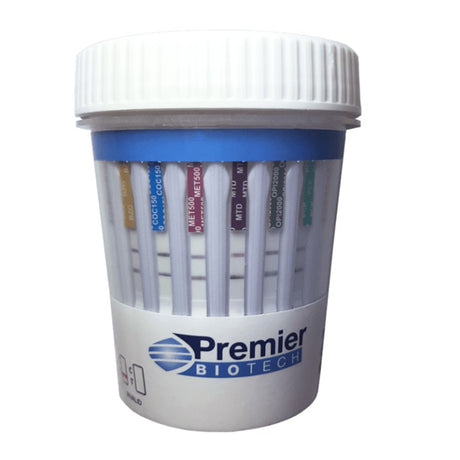Drugs of Abuse Test Kit Premier Bio-Cup AMP500, BAR300, BUP10, BZO300, COC150, FEN1, mAMP/MET500, MDMA500, MOR300, MTD300, OXY100, PCP25, THC50, TML100 (pH, OX, SG) 25 Tests CLIA Waived - BeHope
