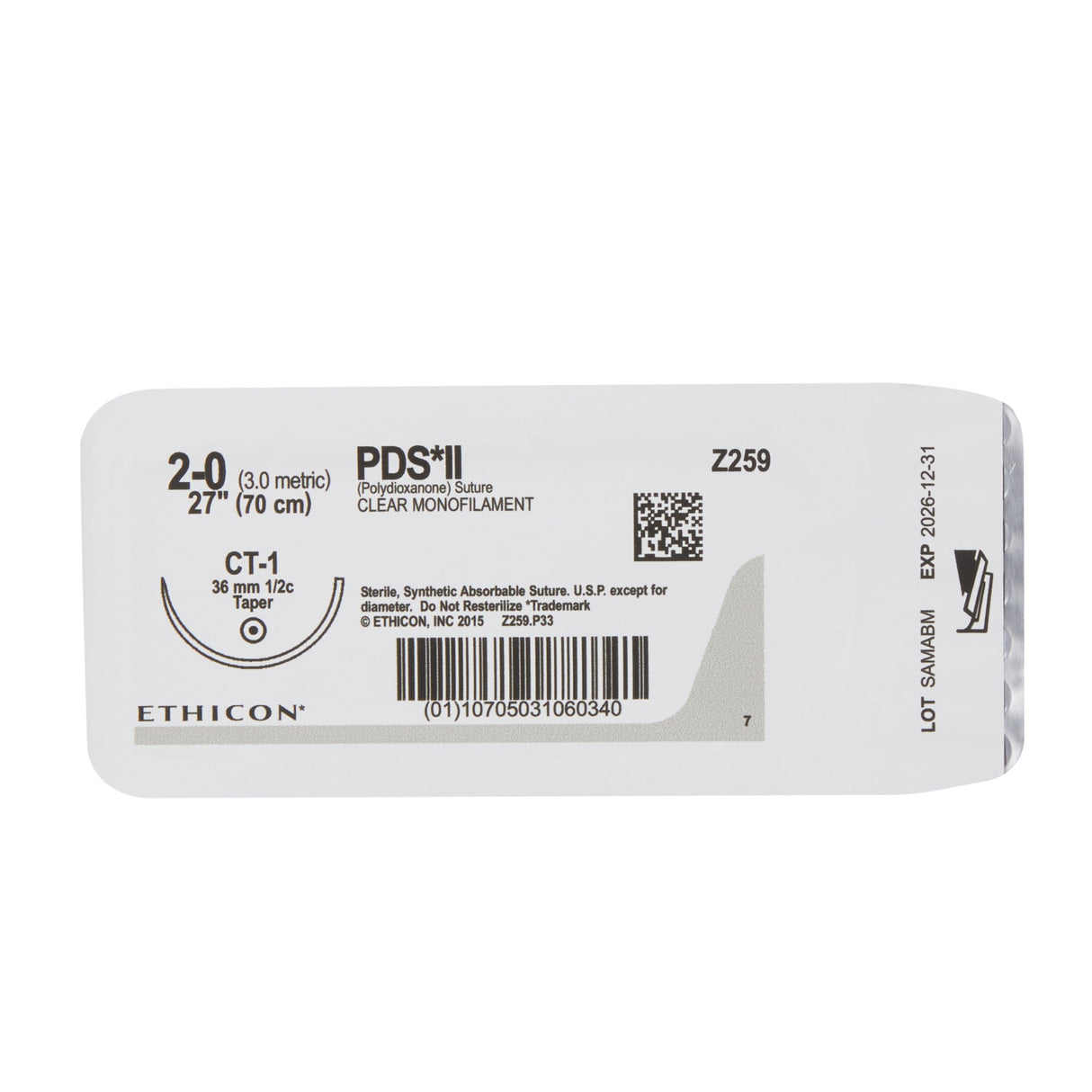 Absorbable Suture with Needle PDS™ II Polydioxanone CT-1 1/2 Circle Taper Point Needle Size 2-0 Monofilament - BeHope