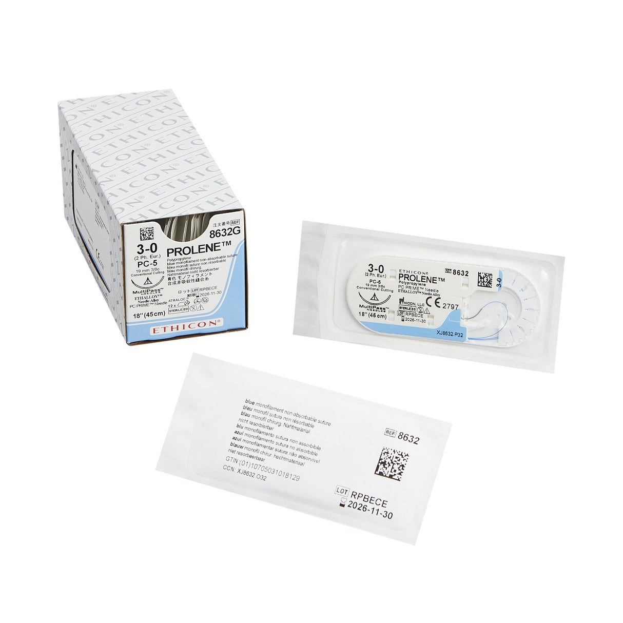 Nonabsorbable Suture with Needle Prolene™ Polypropylene PC-5 3/8 Circle Precision Conventional Cutting Needle Size 3-0 Monofilament - BeHope