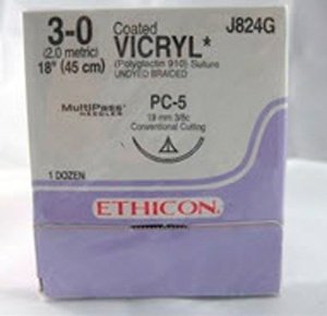 Absorbable Suture with Needle Coated Vicryl™ Polyglactin 910 PC-5 3/8 Circle Precision Conventional Cutting Needle Size 3-0 Braided - BeHope