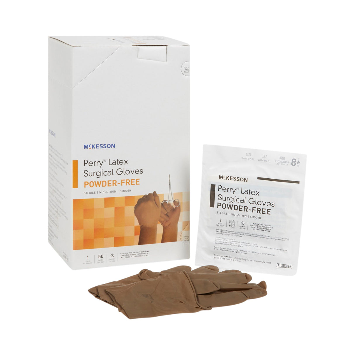 Surgical Glove McKesson Perry® Size 8.5 Sterile Latex Standard Cuff Length Smooth Brown Not Chemo Approved - BeHope