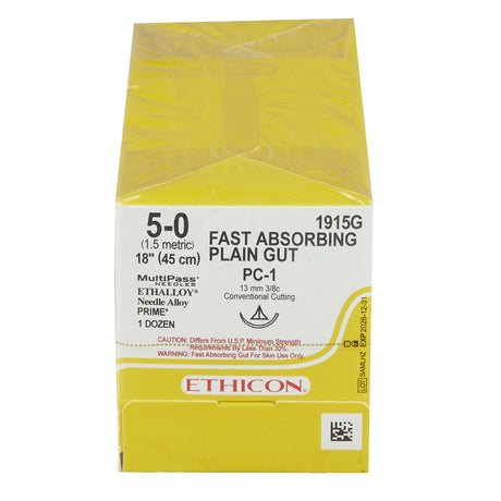 Absorbable Suture with Needle Fast Absorbing Gut Plain Gut PC-1 3/8 Circle Precision Conventional Cutting Needle Size 5-0 Monofilament - BeHope