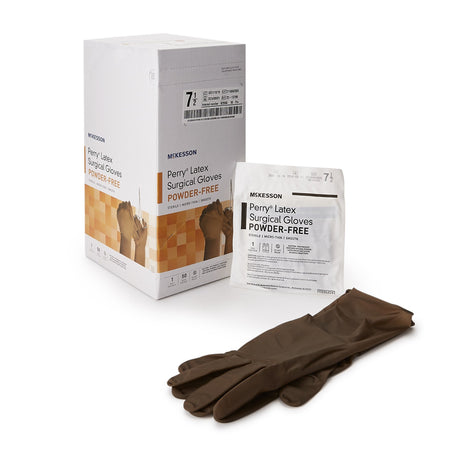 Surgical Glove McKesson Perry® Size 7.5 Sterile Latex Standard Cuff Length Smooth Brown Not Chemo Approved - BeHope