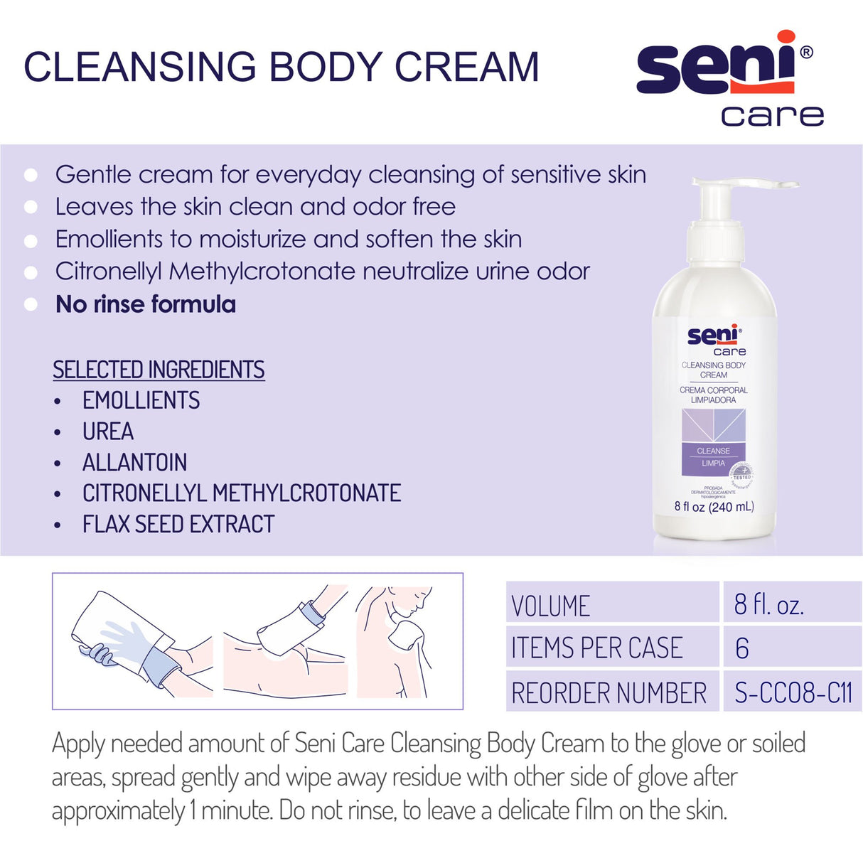 Rinse-Free Body Wash Seni Care Cream 8 oz. Pump Bottle Light Scent