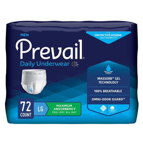 Male Adult Absorbent Underwear Prevail Daily Underwear Pull On with Tear Away Seams Large Disposable Heavy Absorbency