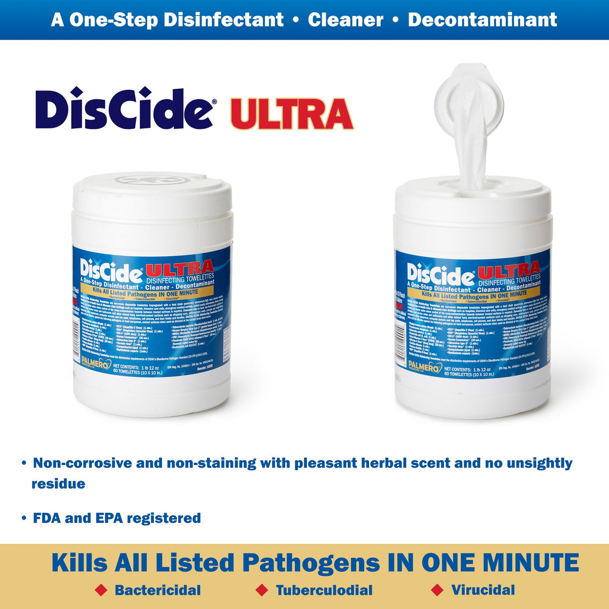 Surface Disinfectant Cleaner DisCide® Ultra Premoistened Quaternary Based Manual Pull Wipe 60 Count Canister Herbal Scent NonSterile