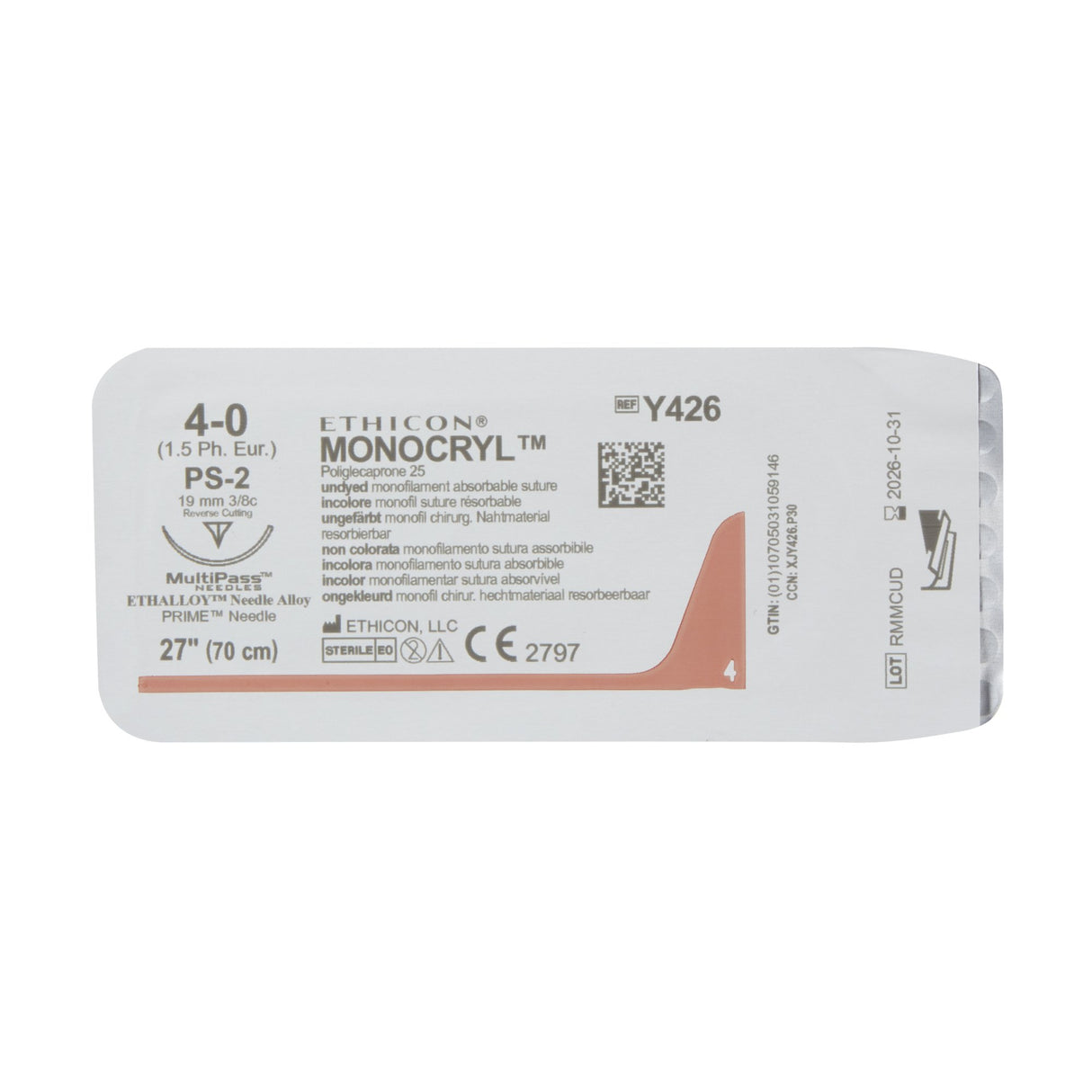 Absorbable Suture with Needle Monocryl™ Poliglecaprone PS-2 3/8 Circle Precision Reverse Cutting Needle Size 4-0 Monofilament - BeHope