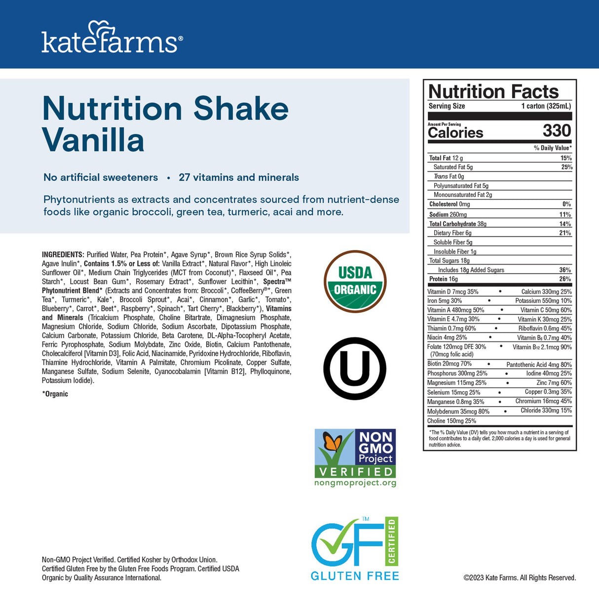 Oral Supplement Kate Farms Nutrition Shake Vanilla Flavor Liquid 11 oz. Carton - BeHope