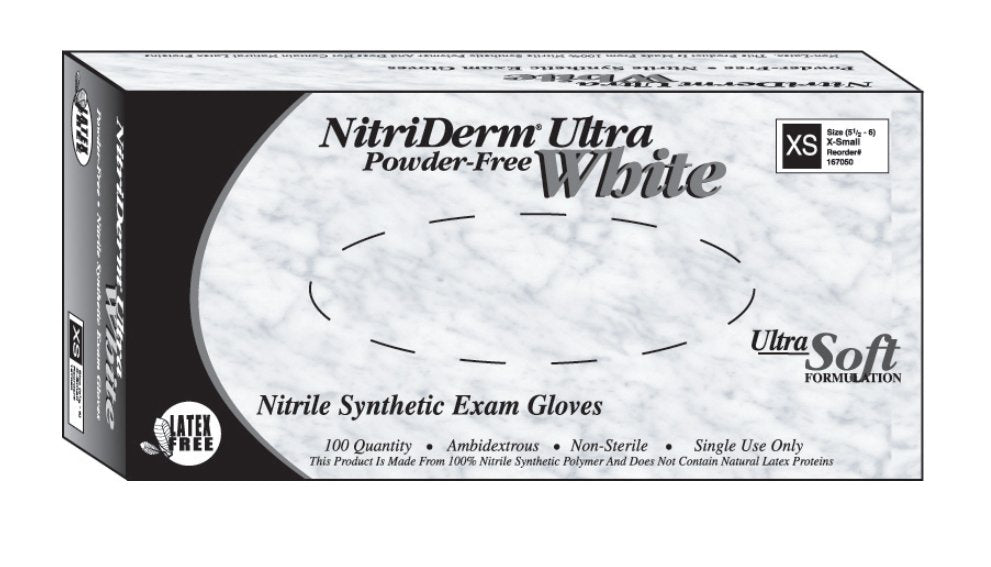 Exam Glove NitriDerm® Ultra White Small NonSterile Nitrile Standard Cuff Length Fully Textured White Chemo Tested / Fentanyl Tested - BeHope