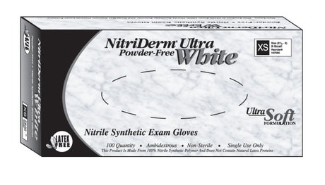 Exam Glove NitriDerm® Ultra White Small NonSterile Nitrile Standard Cuff Length Fully Textured White Chemo Tested / Fentanyl Tested - BeHope
