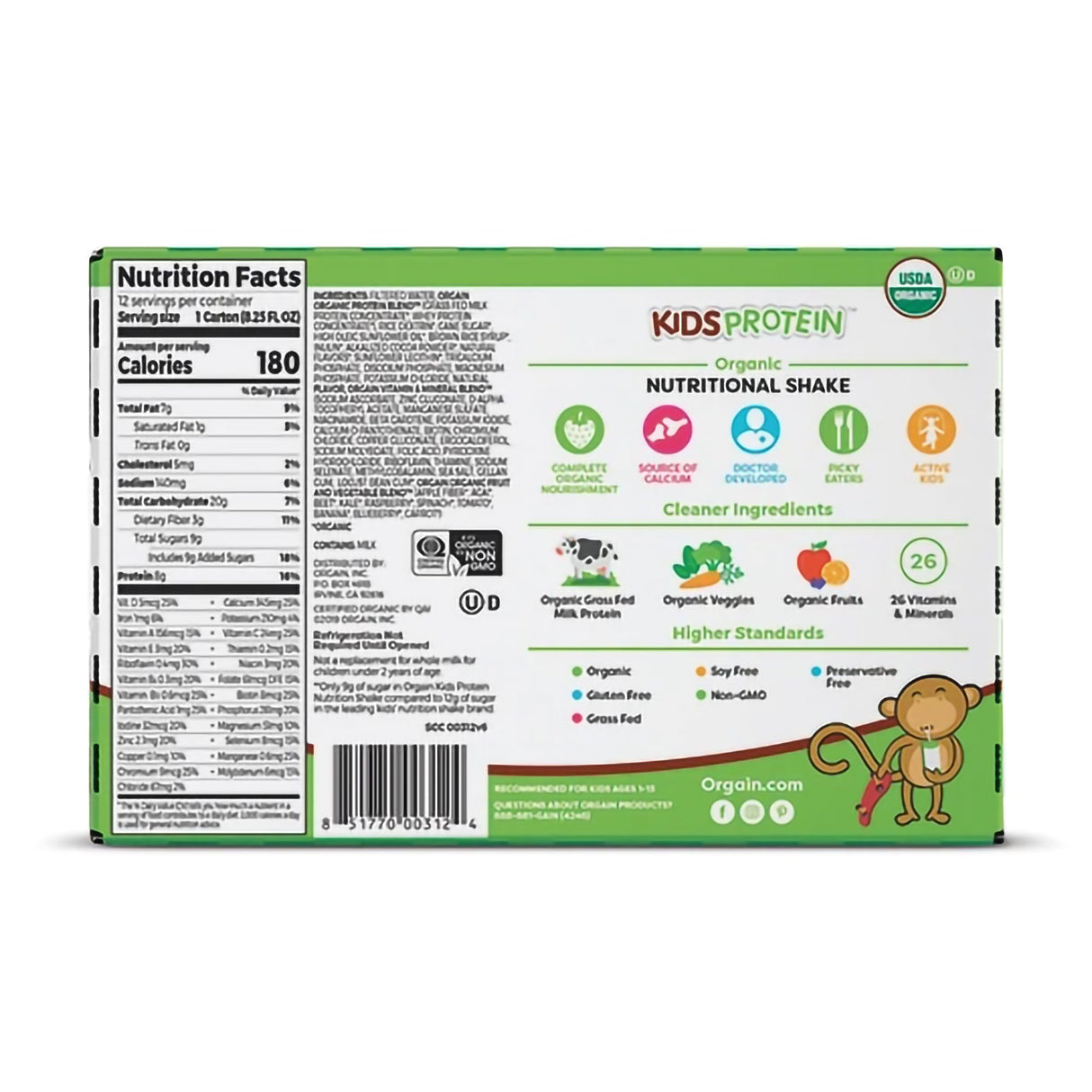 Pediatric Oral Supplement Orgain® Kids Protein™ Organic Nutritional Shake Chocolate Flavor 8.25 oz. Carton Liquid Organic - BeHope