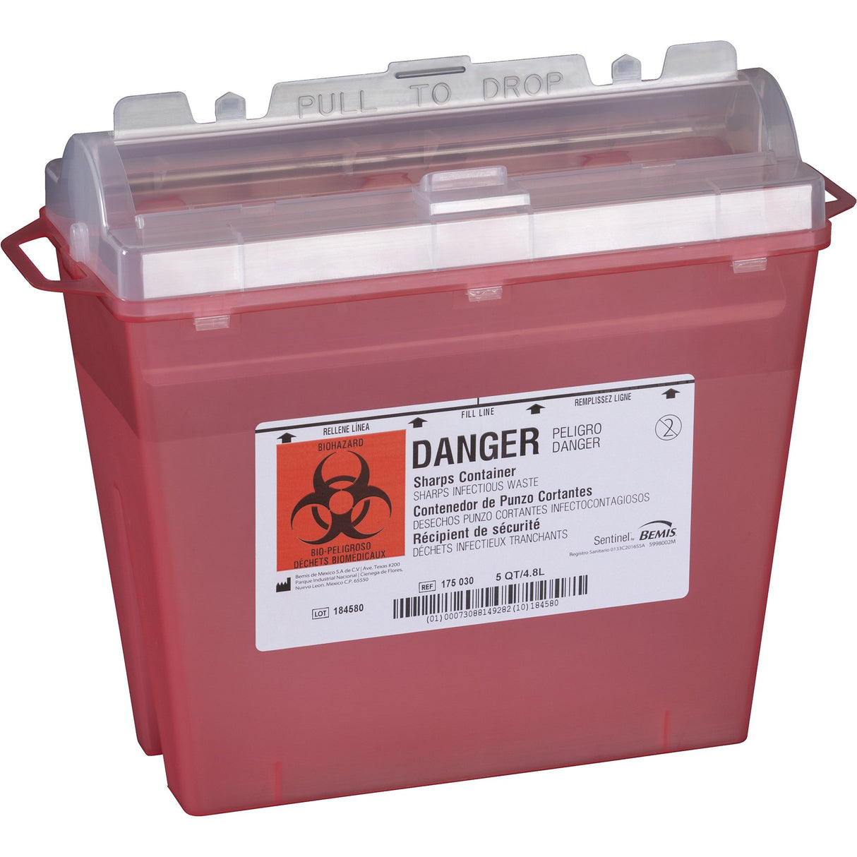 Sharps Container Bemis™ Sentinel Translucent Red Base 10 H X 5-1/4 W X 11 D Inch Horizontal Entry 1.25 Gallon - BeHope