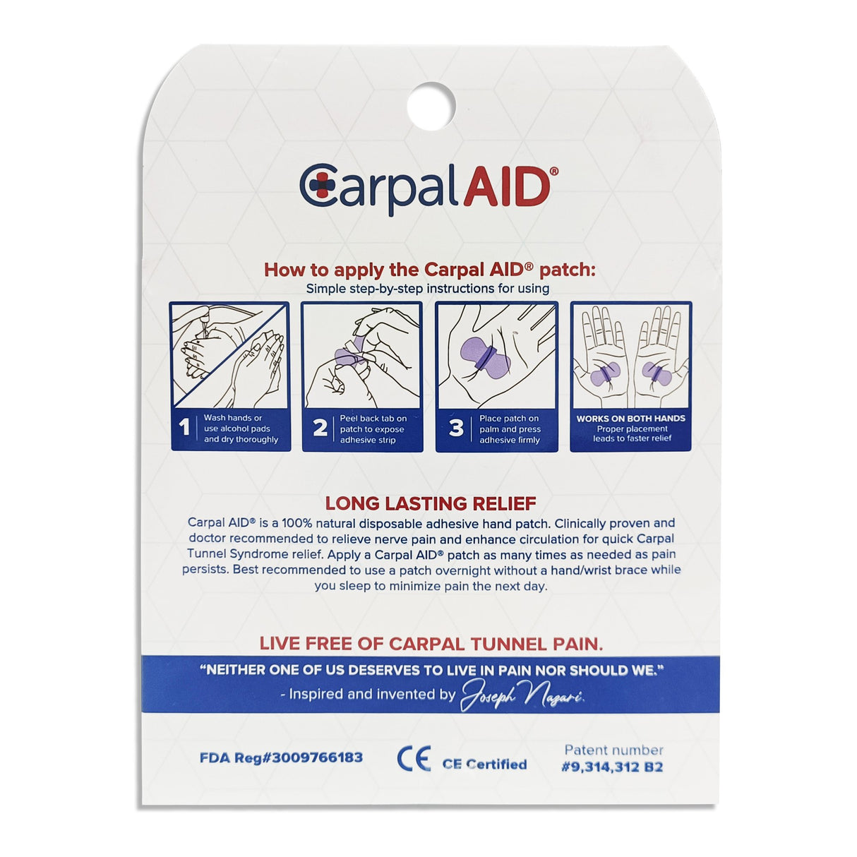 Hand-Based Carpal Tunnel Support Carpal AID® Patch Plastic Left or Right Hand Clear One Size Fits Most - BeHope