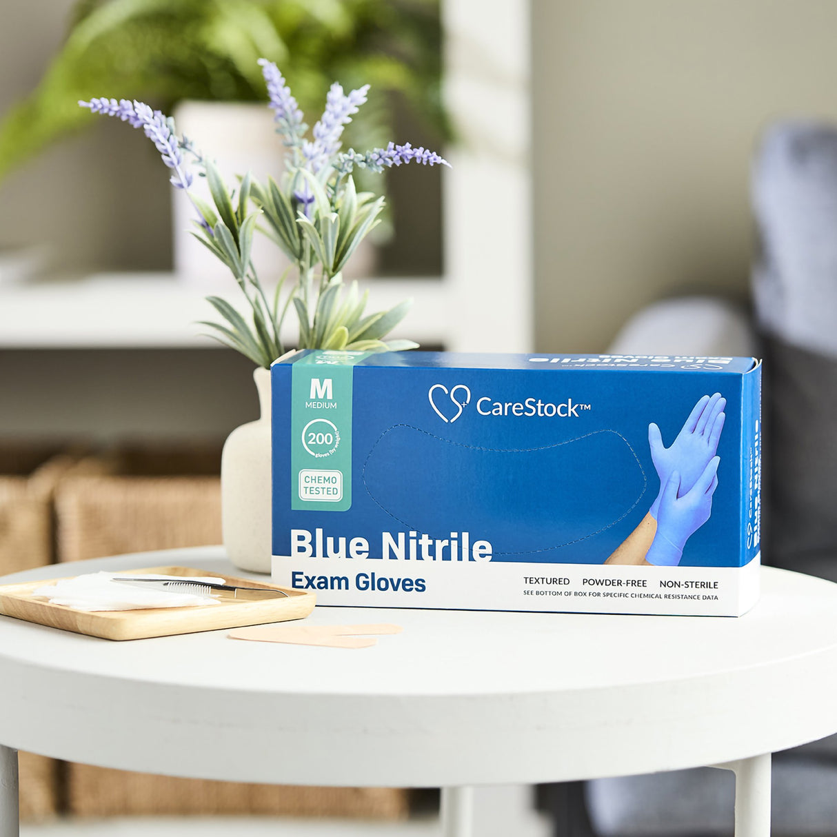 Exam Glove CareStock™ Medium NonSterile Nitrile Standard Cuff Length Textured Fingertips Blue Chemo Tested - BeHope