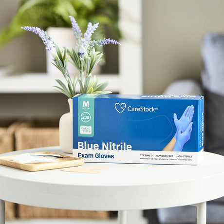 Exam Glove CareStock™ Medium NonSterile Nitrile Standard Cuff Length Textured Fingertips Blue Chemo Tested - BeHope
