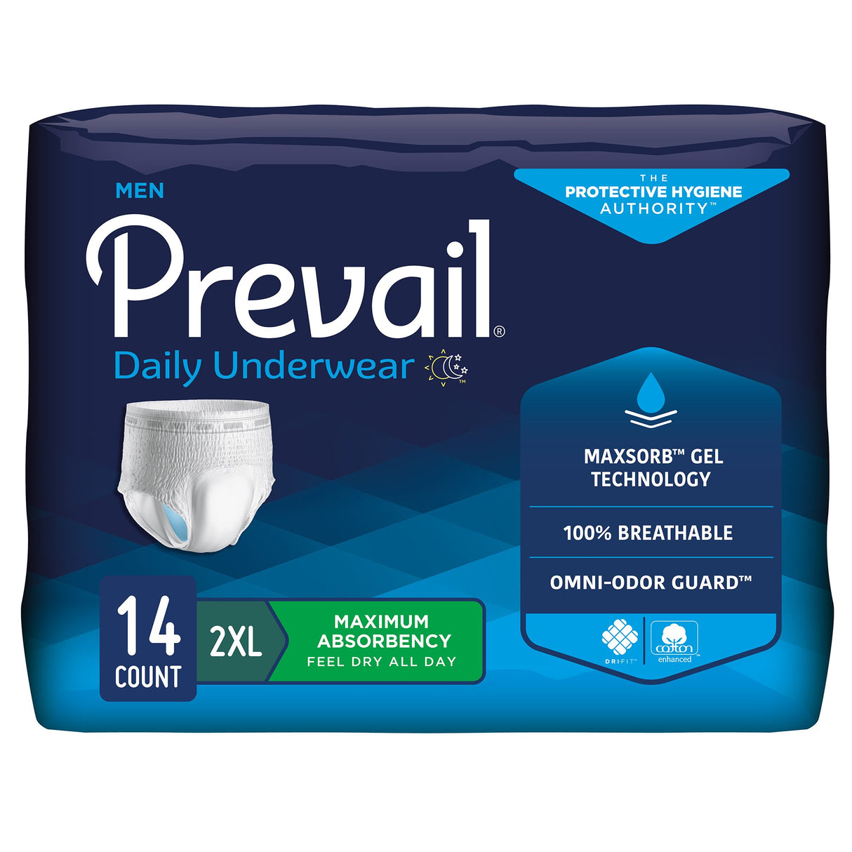 Male Adult Absorbent Underwear Prevail Daily Underwear Pull On with Tear Away Seams 2X-Large Disposable Heavy Absorbency