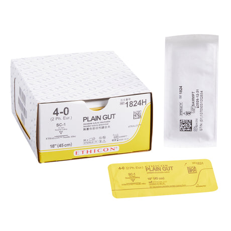 Absorbable Suture with Needle GUT PLAIN Plain Gut SC-1 Straight Reverse Cutting Needle Size 4-0 Monofilament - BeHope