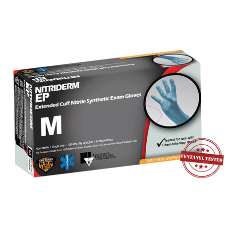 Exam Glove NitriDerm® EP Medium NonSterile Nitrile Extended Cuff Length Fully Textured Blue Chemo Tested / Fentanyl Tested - BeHope