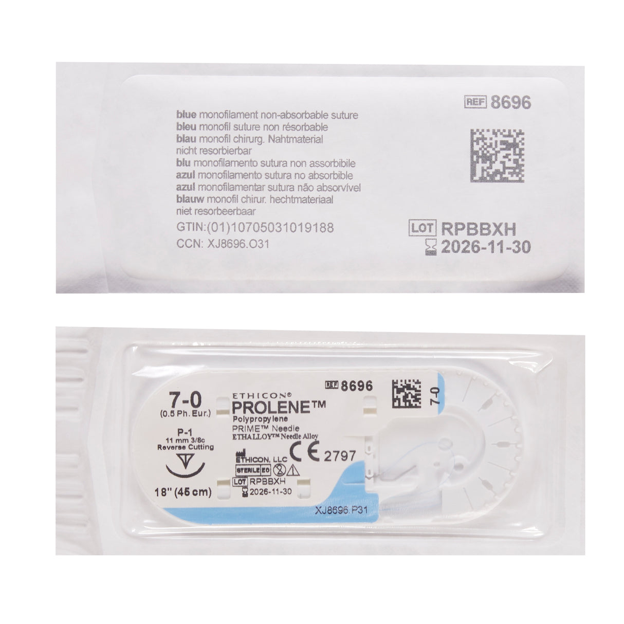 Nonabsorbable Suture with Needle Prolene™ Polypropylene P-1 3/8 Circle Precision Reverse Cutting Needle Size 7-0 Monofilament - BeHope