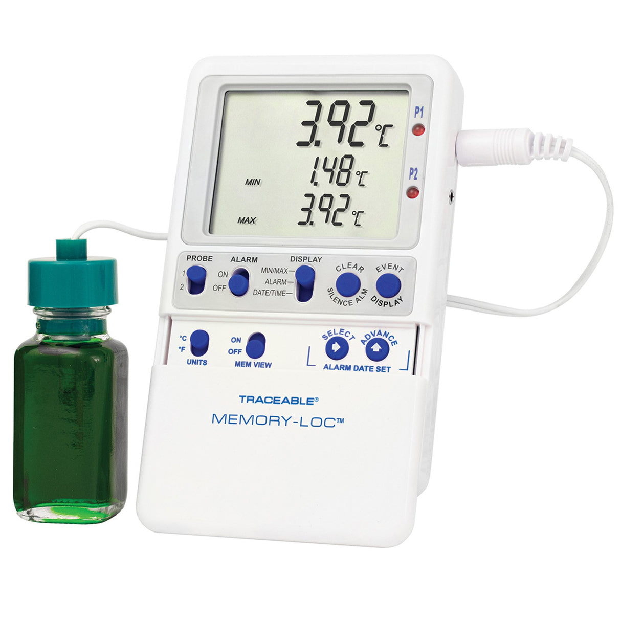 Datalogging Refrigerator / Freezer Thermometer with Alarm Traceable® Memory-Loc™ Fahrenheit / Celsius -58° to +158°F (-50° to +70°C) Glycol Bottle Probe Multiple Mounting Options Battery Operated - BeHope