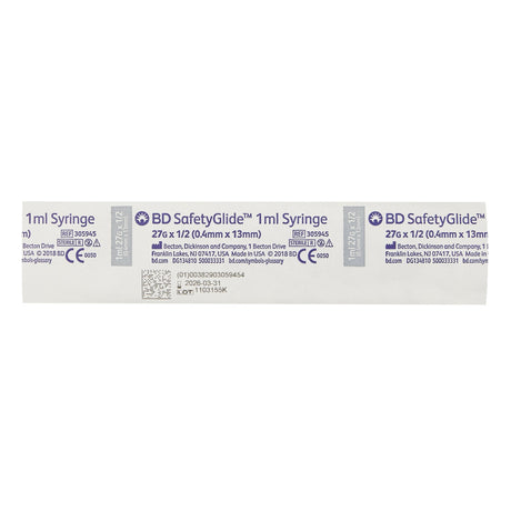 Safety Tuberculin Syringe with Needle SafetyGlide™ 1 mL 1/2 Inch 27 Gauge Sliding Safety Needle Regular Wall - BeHope