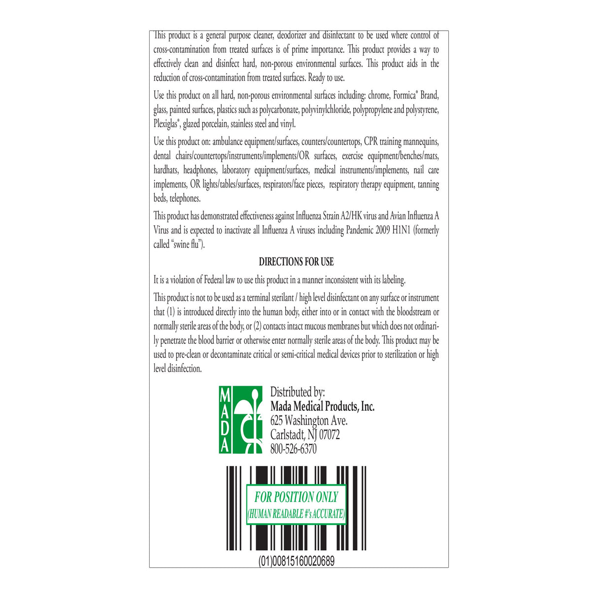 Surface Disinfectant Cleaner MadaCide-FD® Germicidal Manual Pour Liquid 1 gal. Jug Alcohol Scent NonSterile - BeHope