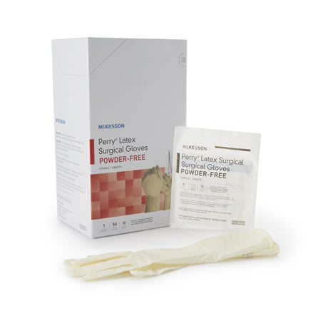 Surgical Glove McKesson Perry® Size 6.5 Sterile Latex Standard Cuff Length Smooth Cream Chemo Tested - BeHope