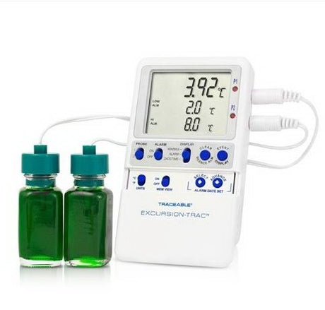 Datalogging Refrigerator / Freezer Thermometer with Alarm Traceable® Excursion-Trac™ Fahrenheit / Celsius -58° to +158°F (-50° to +70°C) 2 Glycol Bottle Probes Multiple Mounting Options Battery Operated - BeHope