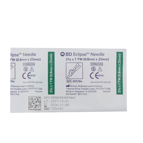 Safety Hypodermic Needle Eclipse™ 1 Inch Length 21 Gauge Thin Wall Hinged Safety Needle - BeHope