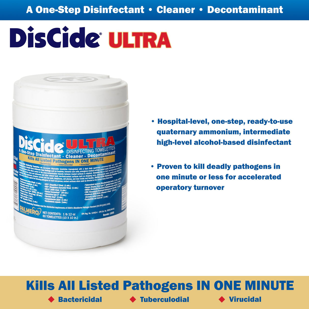 Surface Disinfectant Cleaner DisCide® Ultra Premoistened Quaternary Based Manual Pull Wipe 60 Count Canister Herbal Scent NonSterile