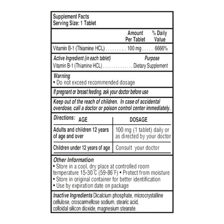 Thiamine HCl 100 mg Tablet 100 Tablets - BeHope