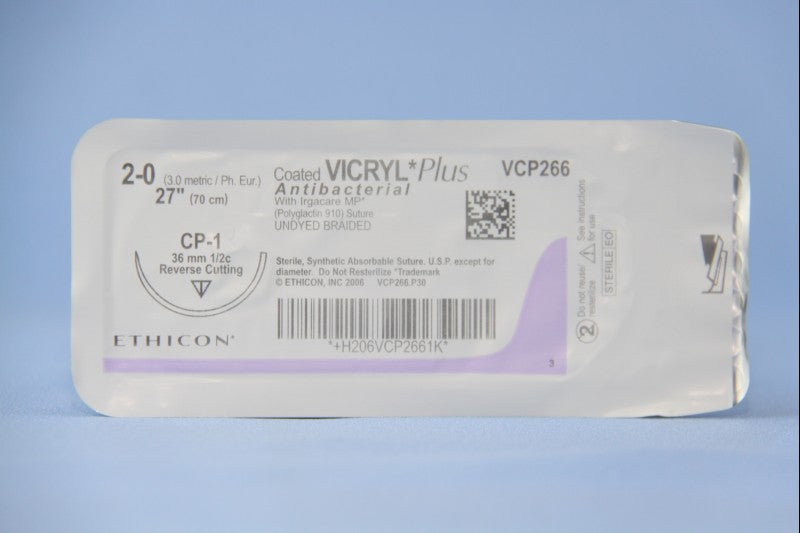 Absorbable Antibacterial Suture with Needle Coated Vicryl™ Plus Polyglactin 910 CP-1 1/2 Circle Reverse Cutting Needle Size 2-0 Braided - BeHope