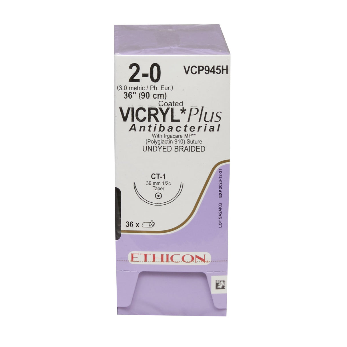 Absorbable Antibacterial Suture with Needle Coated Vicryl™ Plus Polyglactin 910 CT-1 1/2 Circle Taper Point Needle Size 2-0 Braided - BeHope