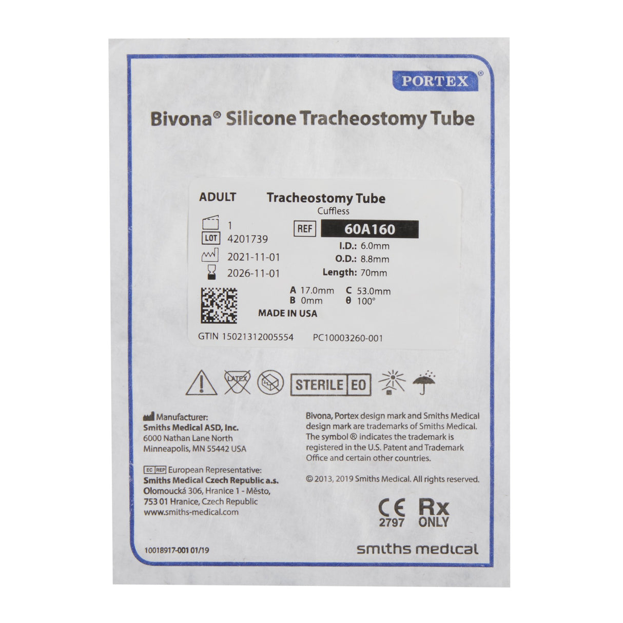 Uncuffed Tracheostomy Tube Bivona® Size 6.0 Adult - BeHope