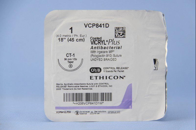 Absorbable Antibacterial Suture with Needle Coated Vicryl™ Plus Polyglactin 910 CT-1 1/2 Circle Taper Point Needle Size 1 Braided - BeHope